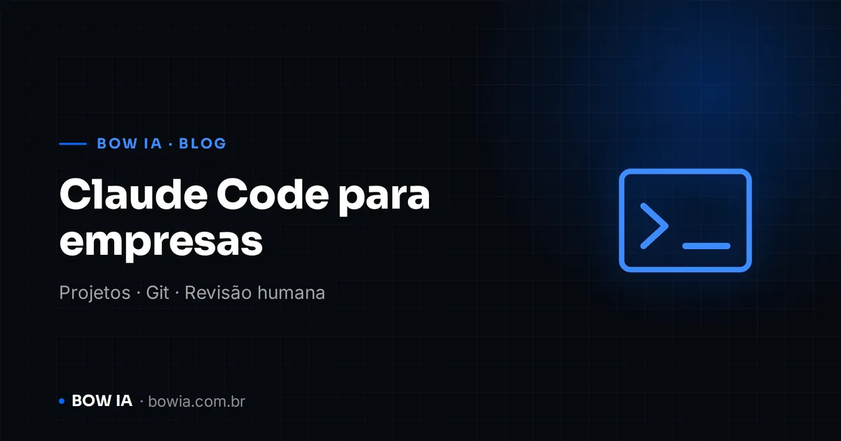 Capa BOW IA Claude Code para empresas, com terminal azul sobre fundo escuro e a frase Projetos, Git e Revisão humana