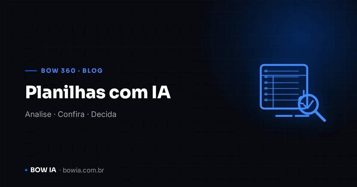 Capa BOW 360 Blog: Planilhas com IA, Analise · Confira · Decida; seis linhas de planilha, somas mensais e lupa de revisão em traços azuis sobre fundo escuro