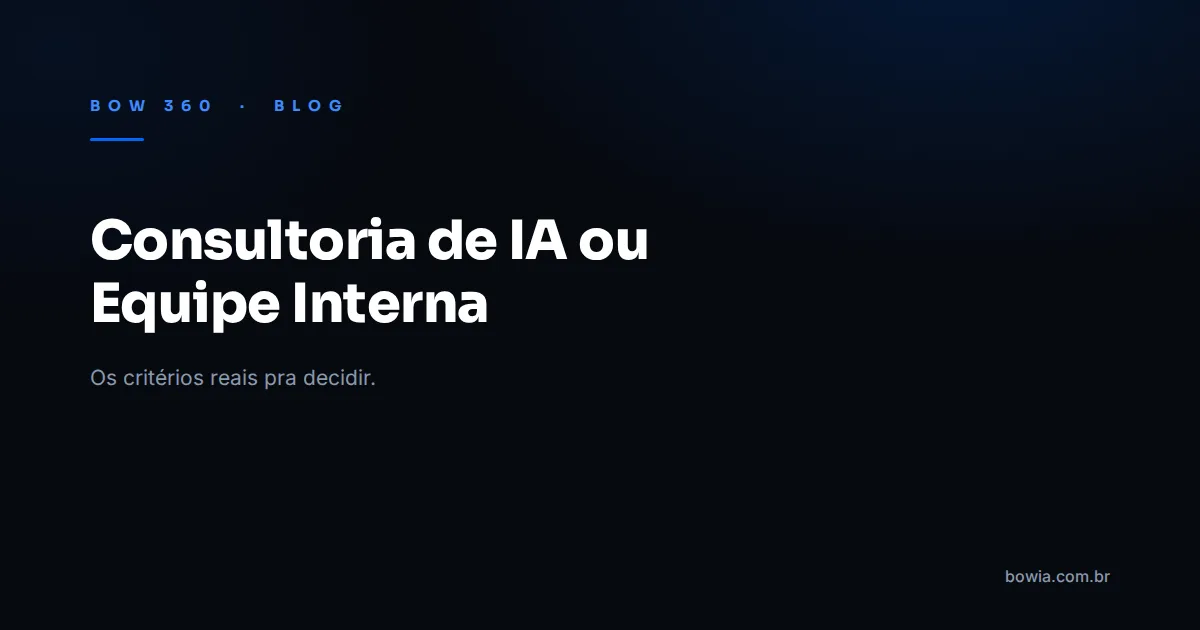 Arte de capa do blog da BOW 360 com fundo escuro e o título 'Consultoria de IA x Contratar Equipe Interna' em destaque, kicker azul 'BOW 360 · BLOG'