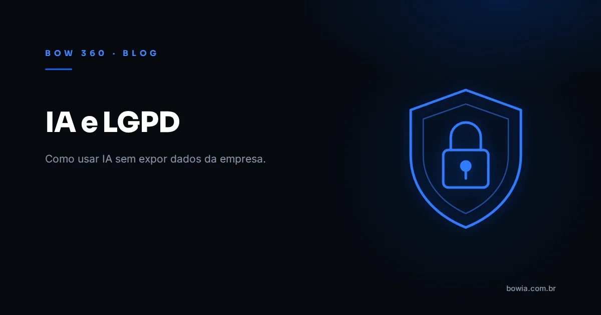 Arte de capa do blog da BOW 360 com fundo escuro, o título 'IA e LGPD' e um ícone de escudo com cadeado em linhas azuis à direita