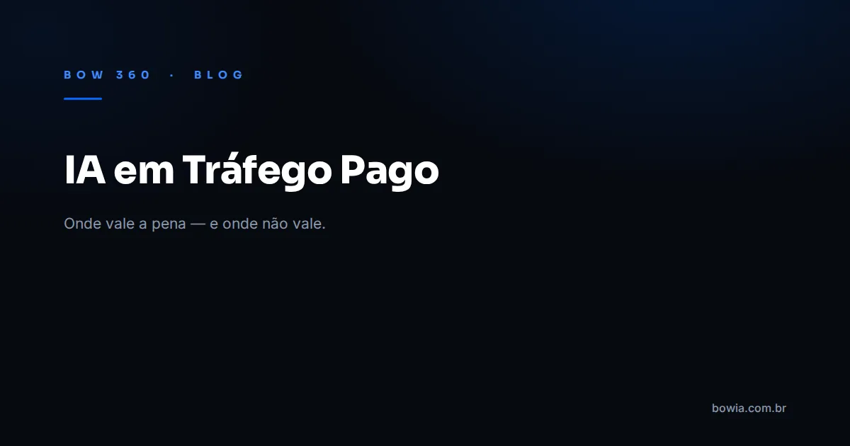Arte de capa do blog da BOW 360 com fundo escuro e o título 'IA em Tráfego Pago: Onde Vale a Pena' em destaque, kicker azul 'BOW 360 · BLOG'