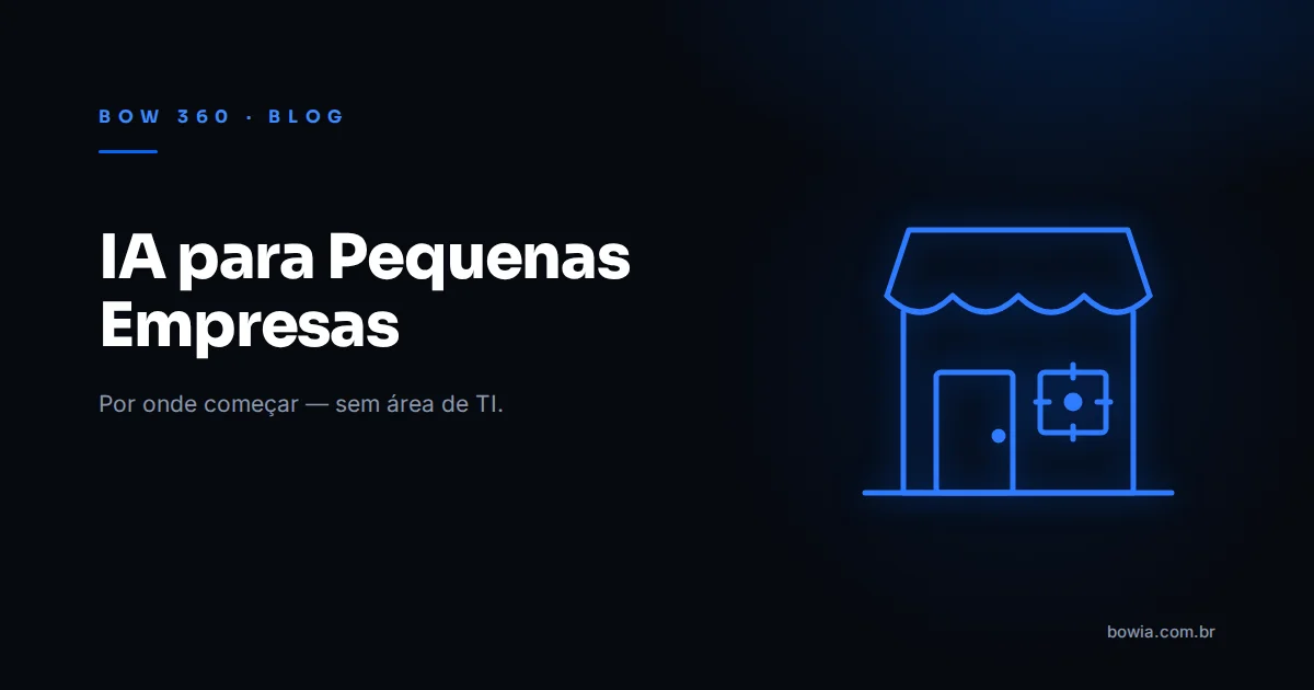 Arte de capa do blog da BOW 360 com fundo escuro, o título 'IA para Pequenas Empresas' e um ícone de loja em linhas azuis à direita