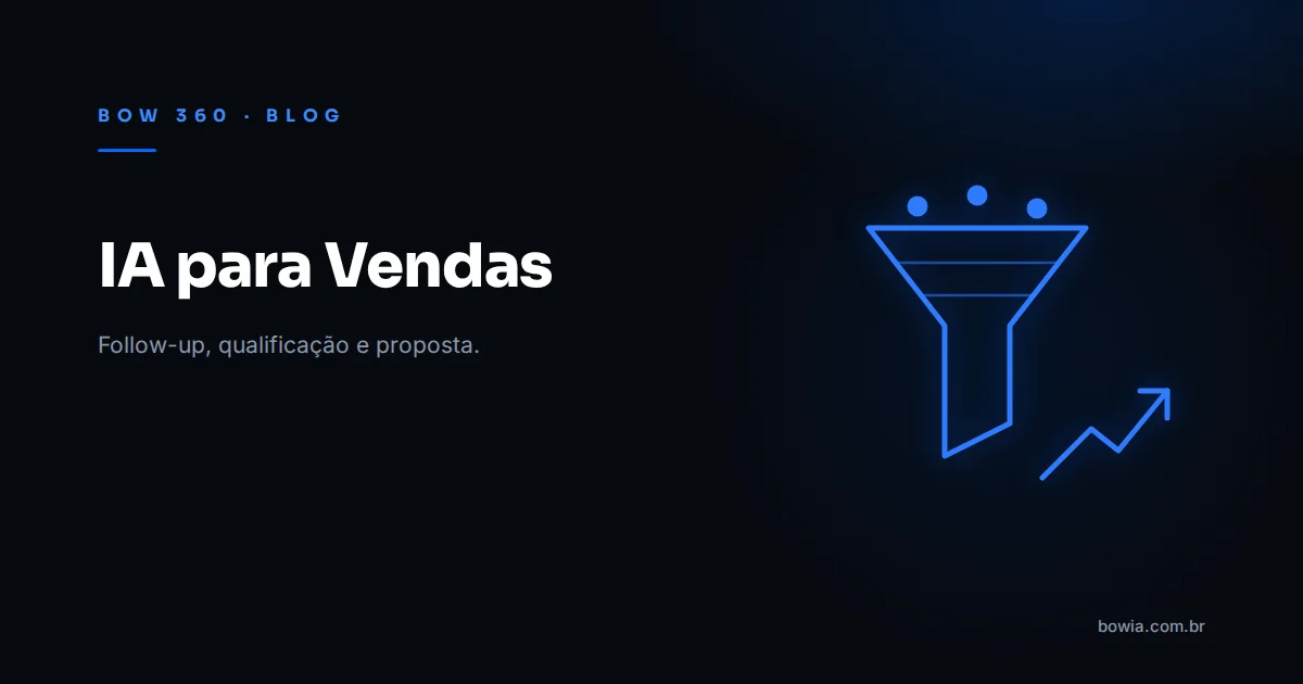 Arte de capa do blog da BOW 360 com fundo escuro, o título 'IA para Vendas' e um ícone de funil com seta de crescimento em linhas azuis à direita