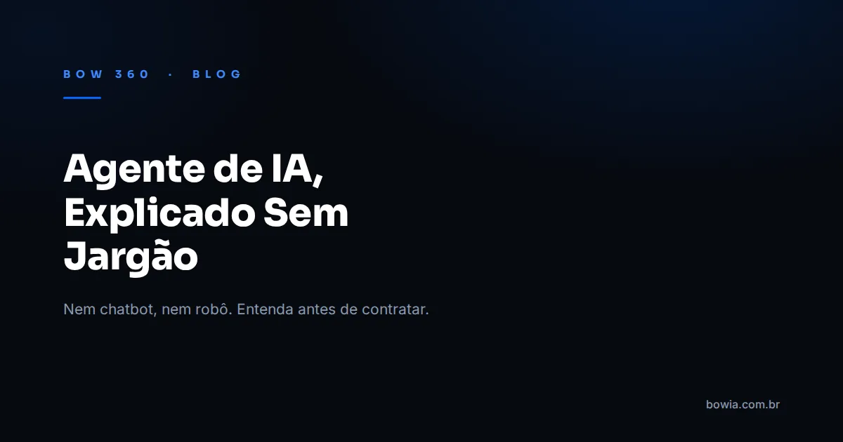 Arte de capa do blog da BOW 360 com fundo escuro e o título 'Agente de IA, Explicado Sem Jargão' em destaque, kicker azul 'BOW 360 · BLOG'