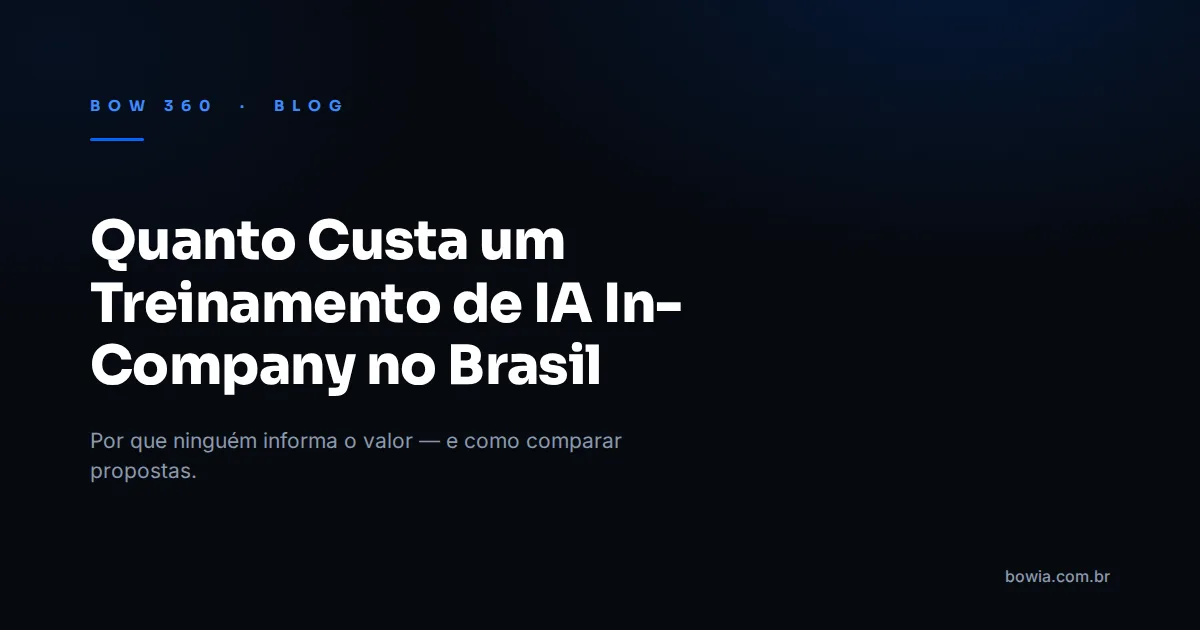Arte de capa do blog da BOW 360 com fundo escuro e o título 'Quanto Custa um Treinamento de IA In-Company no Brasil' em destaque, kicker azul 'BOW 360 · BLOG'