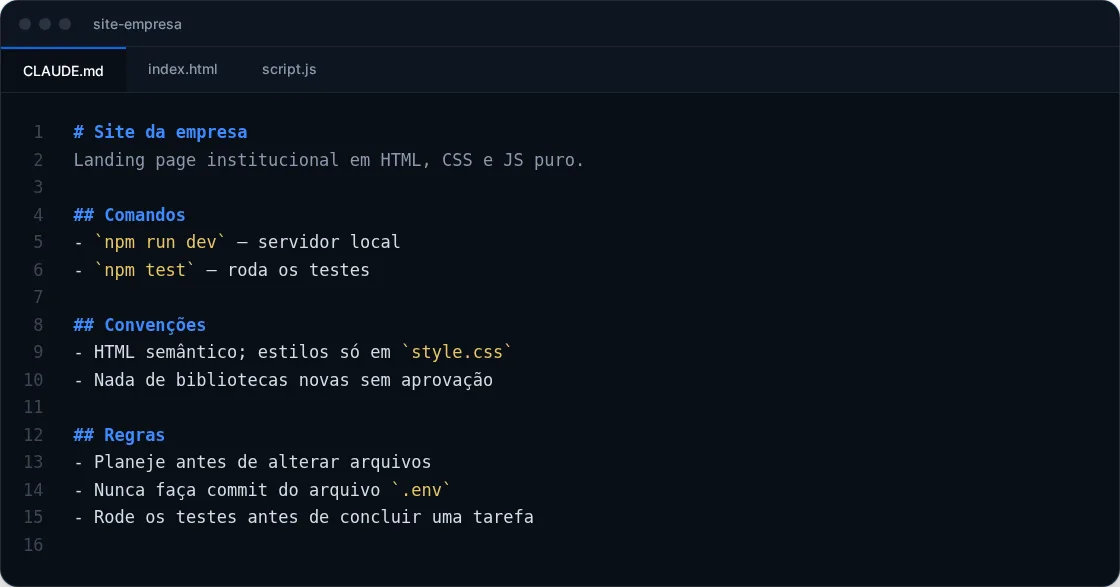Exemplo de arquivo CLAUDE.md aberto num editor de código, com as seções Comandos, Convenções e Regras de um projeto de site