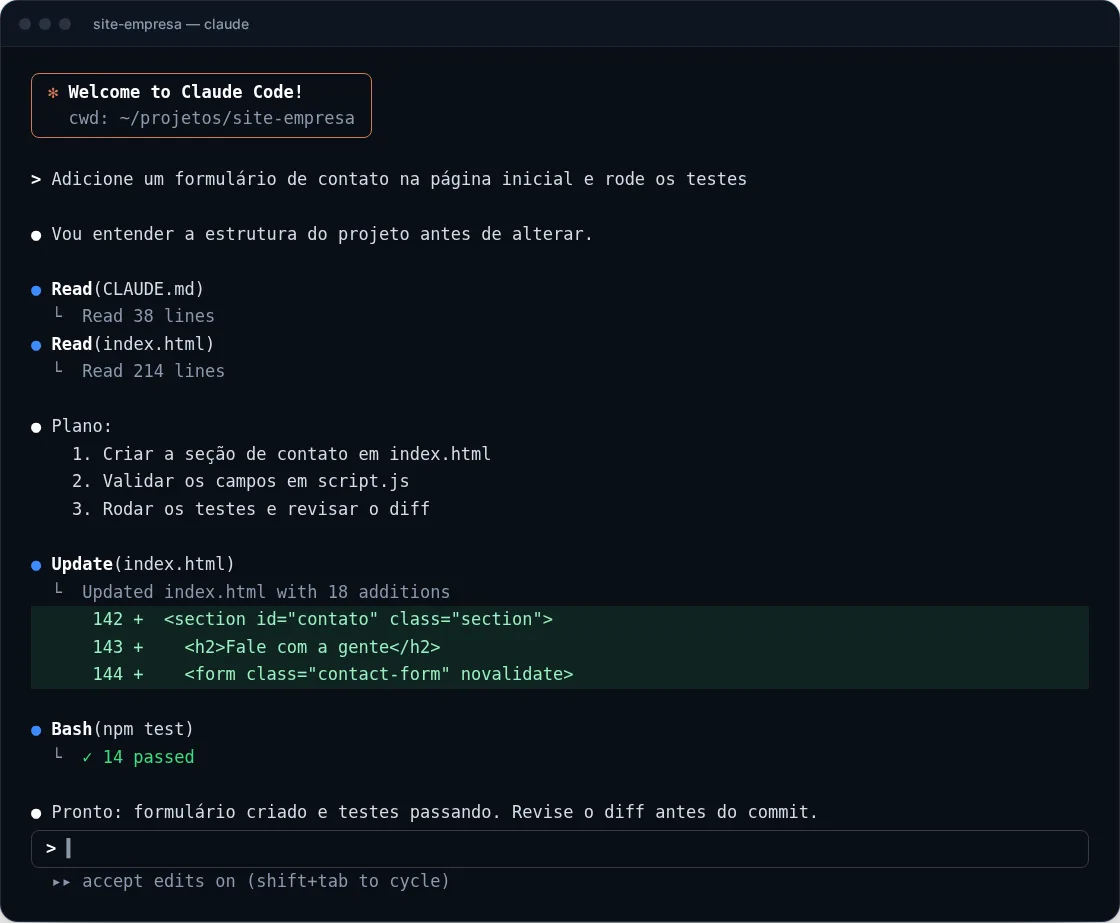 Sessão do Claude Code no terminal: o pedido para criar um formulário de contato, a leitura do CLAUDE.md e do index.html, um plano em 3 passos, a edição do arquivo com as linhas adicionadas e os testes passando