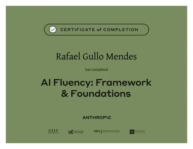 Certificado de conclusão do curso AI Fluency: Framework & Foundations — Anthropic, Rafael Gullo Mendes